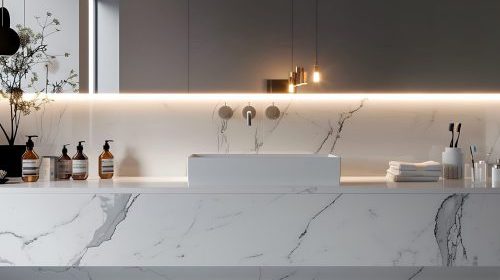 White marble bathroom vanity in a sleek modern home, minimalist design, contemporary decor, elegant surfaces, stylish interior, functional space, chic elements, bright atmosphere.