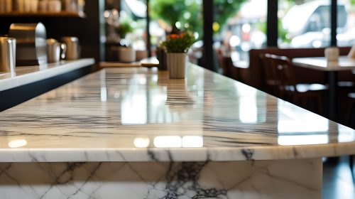 marble counter top on blur of cafe. ai generative