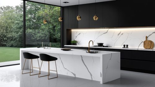 Modern Kitchen Island with Marble Countertop and Gold Accents