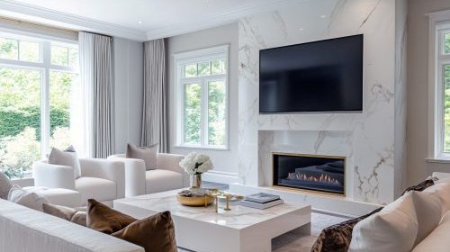 Contemporary fireplace framed by white marble and brass accents in a luxury designer living room.