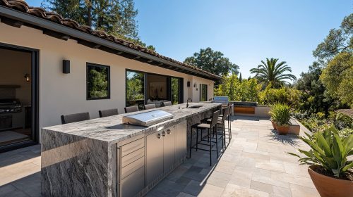 An outdoor kitchen with a granite countertop, barbecue grill, outdoor sink
